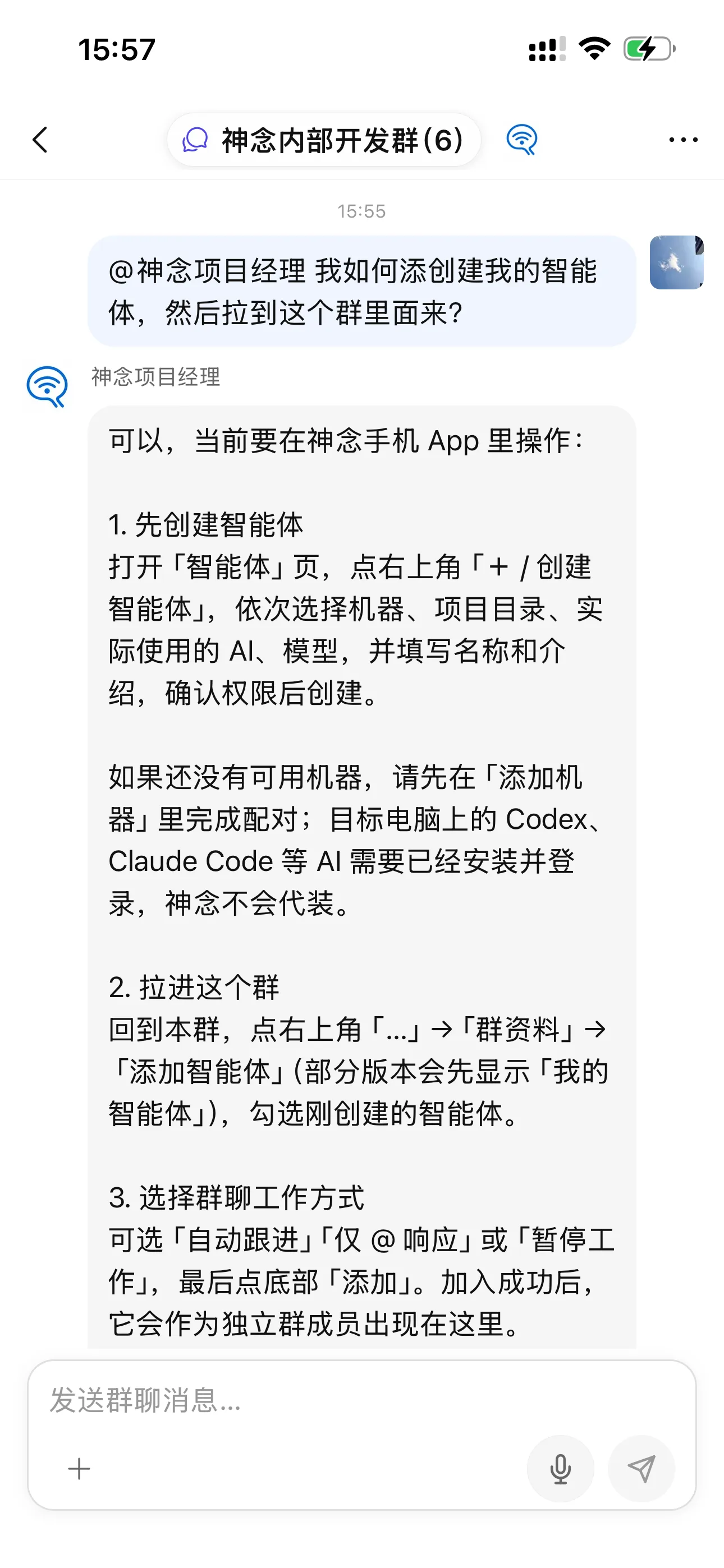 智能体在神念内部开发群里长期自动工作